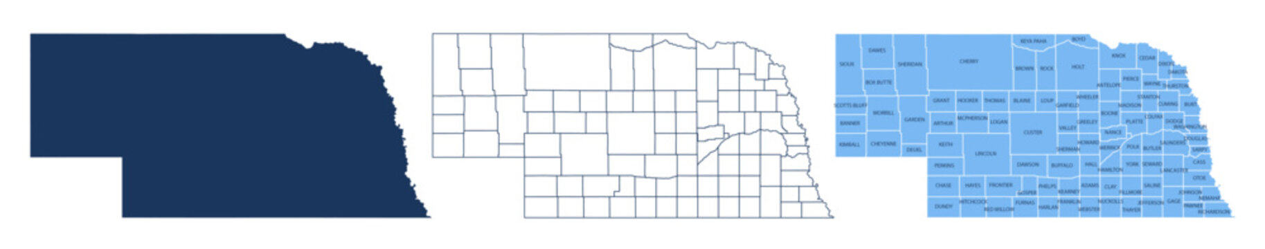 Nebraska Counties Map with Labels &ndash; State Silhouette and County Boundaries Vector