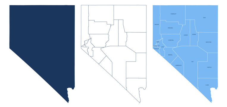 Nevada Counties Map with Labels &ndash; State Silhouette and County Boundaries Vector