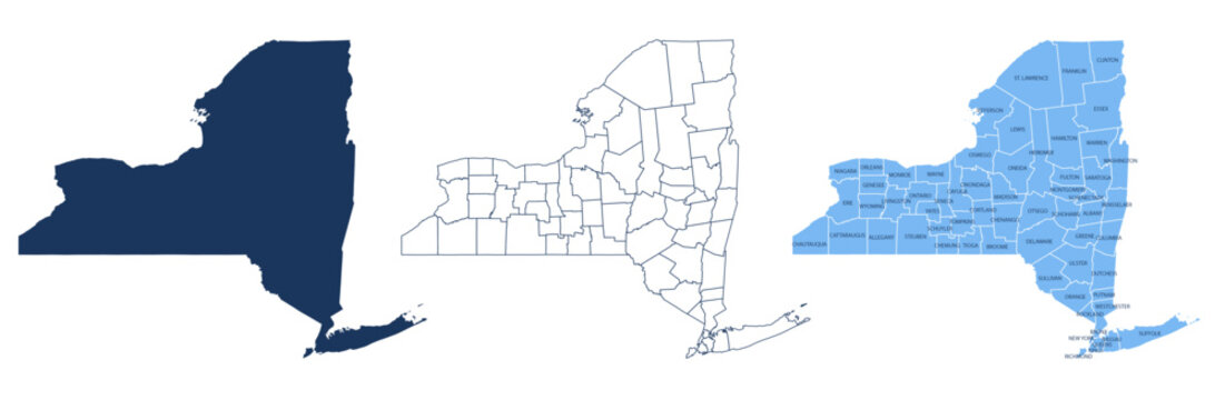 New York Counties Map with Labels &ndash; State Silhouette and County Boundaries Vector