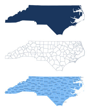 North Carolina Counties Map with Labels &ndash; State Silhouette and County Boundaries Vector