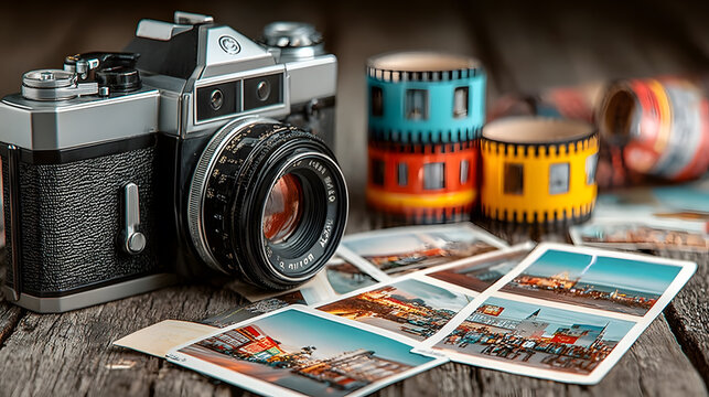 Nostalgic Camera Resting on Table with Photos Around,Vintage Teal Camera with Film Rolls and Photo Prints Flatlay
