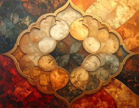 Intricate, ornate mosaic pattern in warm tones, framed with gold, evoking luxury