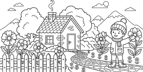 Obraz premium Adobe Illustrator Artwork. Coloring page of a happy boy standing in a flower garden by a cozy cottage house with mountains in the background.