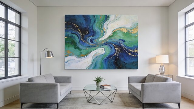  showcases a modern, stylish living room with a minimalist design. The layout features a large abstract painting as the focal point,