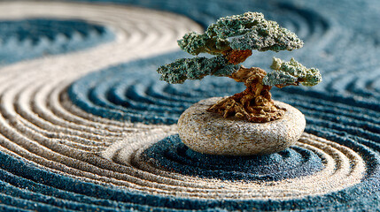 Obraz premium Peaceful Zen Garden with Cherry Blossom Tree and Raked Sand Arrangements