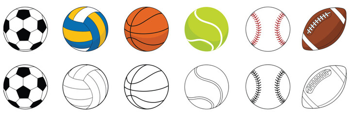 Naklejka premium Football soccer ball icon set, volleyball basketball tennis baseball sports balls collection vector illustration, athletic game equipment symbol design, clean minimal flat style for sports branding
