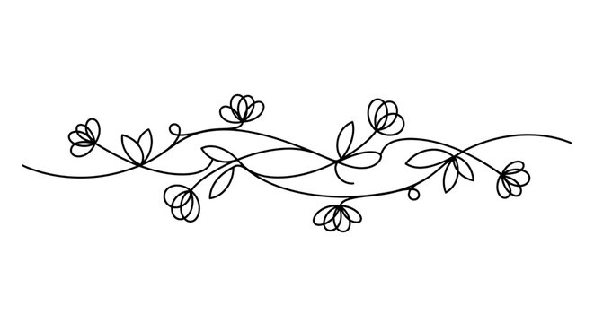Simple floral line divider with abstract flowers and delicate vine, minimalist decorative element on isolated white background.