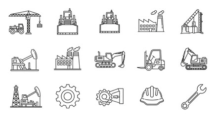 Collection of industrial machinery and construction equipment icons. © Celeng