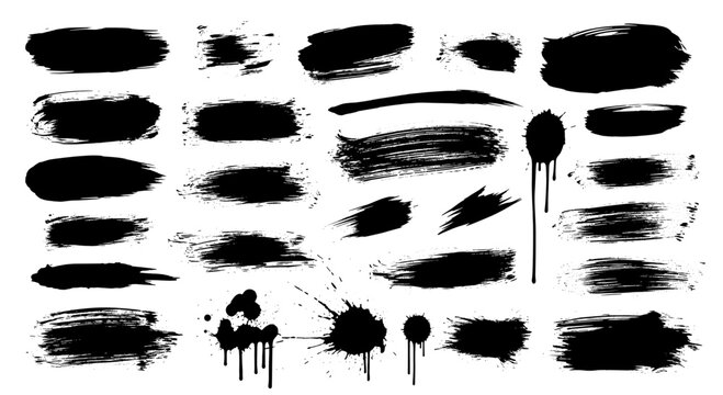 Abstract black grunge brush strokes, paint ink splashes, stain graphic, texture creative element. Art vector illustration for design