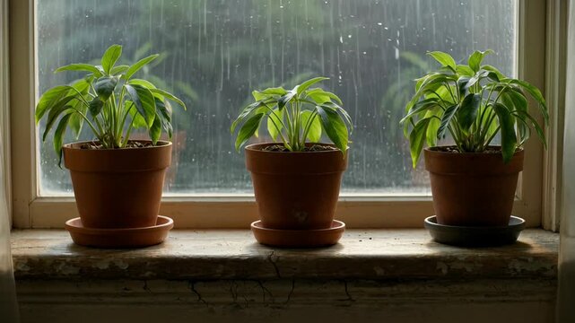 Three potted green plants sit on a windowsill during a rainy day