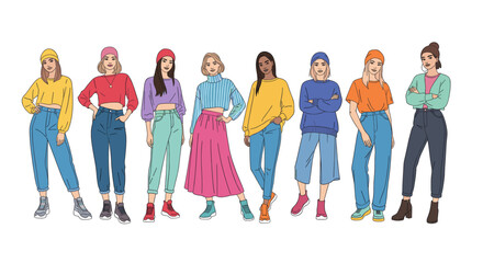 Obraz premium Group of women in stylish casual outfits standing together. Diverse female models posing. Fashion trend and girl power concept. Vector illustration