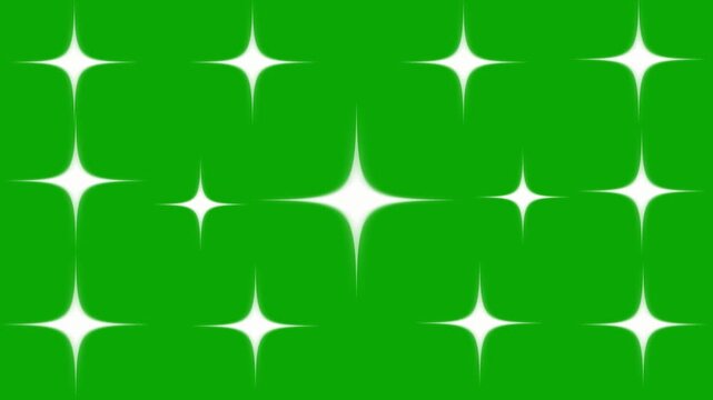 Sparkling star twinkle animation, glowing festive light burst, white cartoon doodle vector style, shimmer glitter motion, blinking starlight particles on green background 4k