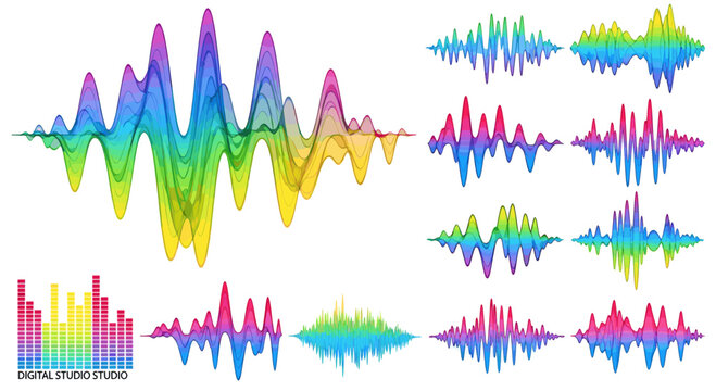 Set of sound equalizer visualizer vector illustration. Abstract audio waves frequency music digital graphic design elements