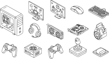 Technology Gaming Computer Hardware Isometric Line Art Icons Set. Black  White Outlined PC Components and Peripherals for Desktop Gaming Systems © pixraw