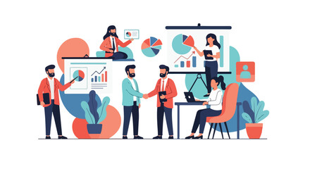 Fototapeta premium A vibrant flat vector illustration showcasing a dynamic business environment with professionals engaged in meetings, presentations, and collaborative work.