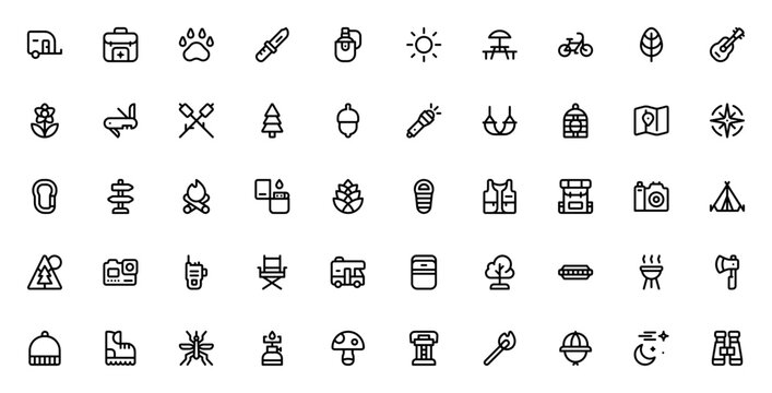 Camping icon pack. Adventure vector set. Minimalist outdoor icons. Includes caravan, tent, backpack, compass, bonfire, map, lantern, mountain and more. Editable stroke.