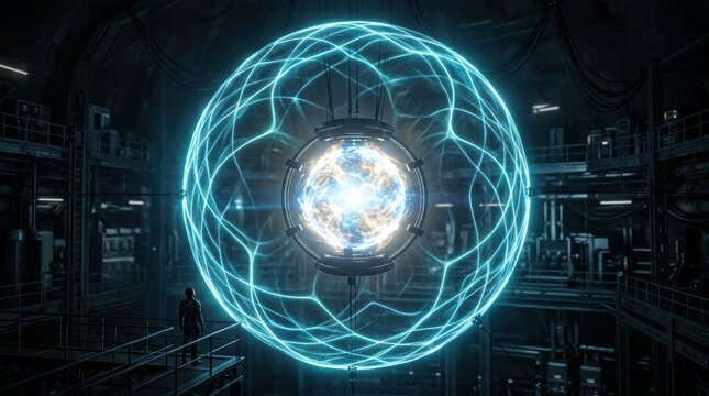 Futuristic fusion reactor sphere glowing with blue plasma energy in industrial laboratory