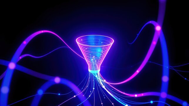 Abstract digital illustration. Bright neon lines form funnel shape, radiating energy. Dark background enhances glowing effect. Futuristic design.