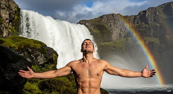 Athletic man embracing nature standing before a powerful cascade with a vibrant rainbow arching overhead