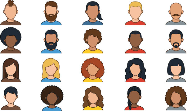Diverse avatar people icon set, multicultural male female faces collection flat vector profile characters illustration pack