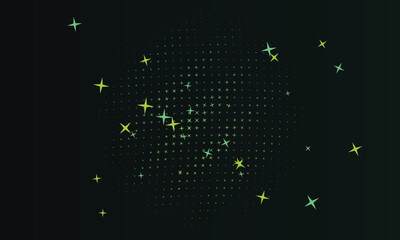 Fototapeta premium Scattered green and yellow starbursts on a dark gradient background, stars