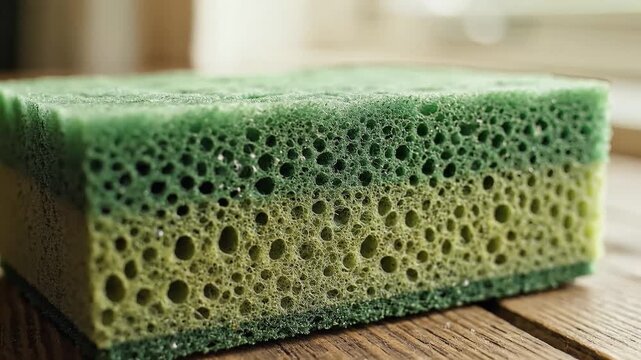 Closeup Macro Shot of a Green and Yellow Kitchen Sponge on a Wooden Surface.