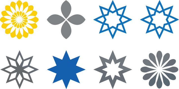 Geometric star and flower icon set featuring yellow sunflower blue octagram grey floral shapes minimalist symmetrical pattern elements flat vector illustration isolated on white background 

