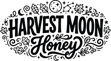 Fototapeta premium Harvest moon honey wordmark with decorative leaves and swirls