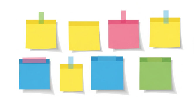 Colorful sticky notes attached with tape on a white background.