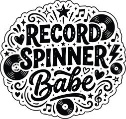 Naklejka premium Round black and white badge with record spinner babe typography vector style