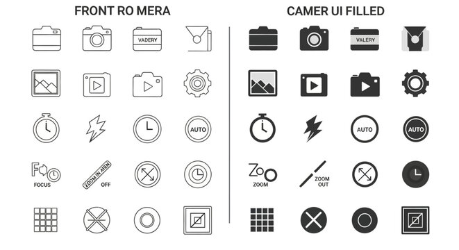 Camera Interface Icons Set: Photography UI Elements, Front Camera vs. Filled Camera