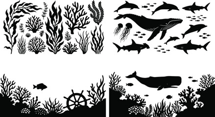 Underwater sea life silhouette set, coral fish whale shark marine vector ocean collection illustration design pack © VectoBloom