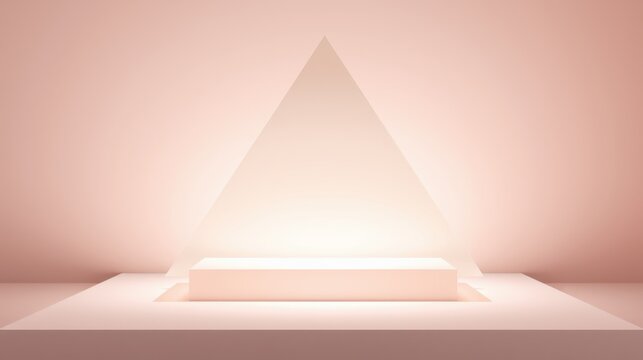 Minimalist scene. Pyramid atop rectangular platform. Soft lighting creates dramatic shadows, simple geometry, pastel tones. Focus on form, space.