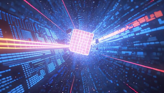 Dynamic particles blue tunnel with pink light beams and glowing digital motion abstract futuristic energy scene, digital cube glowing neon abstract futuristic technology motion speed energy data