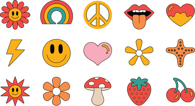 Retro groovy hippie sticker set featuring smiley faces rainbow peace sign mushrooms flowers lightning bolts hearts strawberry cherries and lips vector icons in 1970s vintage aesthetic style isolated