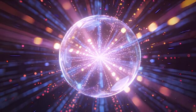 Abstract sphere glowing orb with dynamic particles and radiant light dark tunnel, futuristic energy burst, purple blue neon trail, digital motion blur, luminous spark particle field, SEO friendly