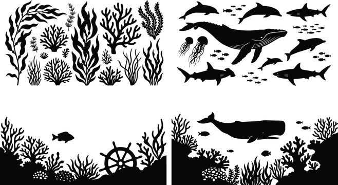 Underwater sea life silhouette set, coral fish whale shark marine vector ocean collection illustration design pack