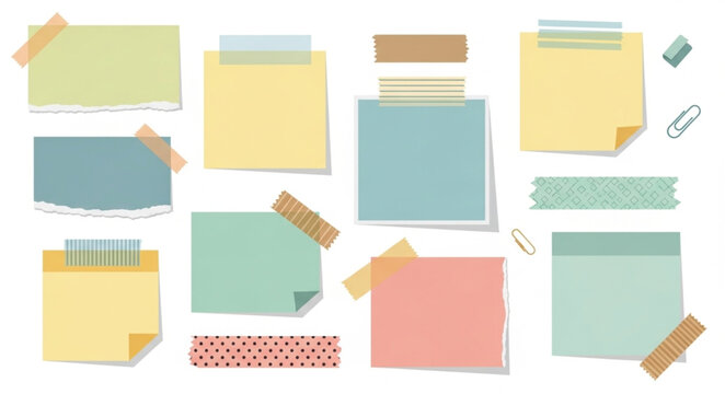 Colorful sticky notes and washi tape collection.