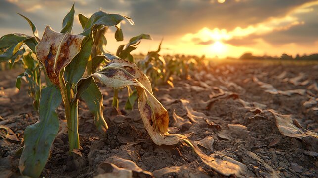 Wilted corn stalks in a damaged field at sunset showing drought and crop failure high quality professional detailed modern elegant stylish