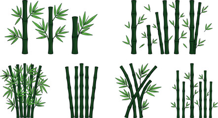Obraz premium A Large Collection Of Vibrant Green Cartoon Bamboo Stalks And Leaf Illustrations Isolated On White Background