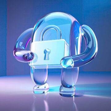 Futuristic Glass Robot Character Protecting Digital Security Lock for Cyber Safety and Data Privacy Concept, cyber security