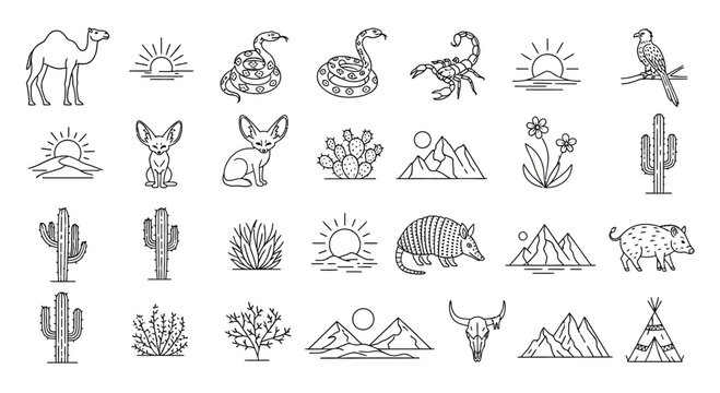 Collection of desert theme doodle icons and hand drawn wilderness elements.
