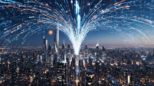 Futuristic smart city at night with digital data streams and glowing network connections erupting like a fountain over urban skyline, global connectivity and technology