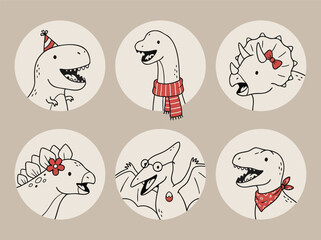 Cartoon Dinosaurs in Circles Cute Prehistoric Animal Characters © Doyez Vector