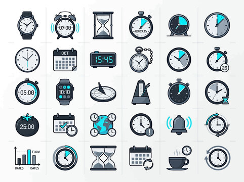Time Management and Clock Icon Set - Scheduling, Productivity, and Deadline Symbols including Calendar, Stopwatch, and Hourglass