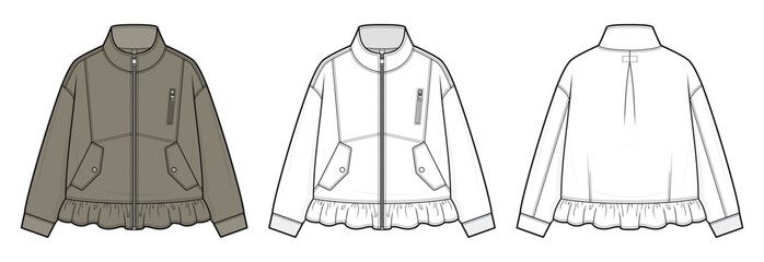 Ruffled Hem Utility Jacket Technical Fashion Illustration. Rib knit cuff Bomber Jacket Vector Template. Women Zip Up Outerwear CAD Tech Pack Front and Back View. Apparel design template. © aiven studio