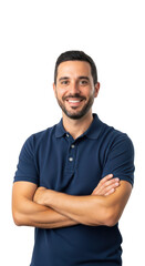 Fototapeta premium Man in blue shirt smiling and pointing with both hands isolated on transparent background,png,Png,