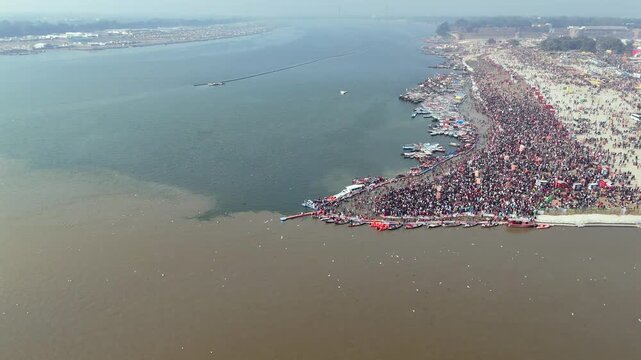 Aerial View of Maha Kumbh Mela Crowd at Sangam in Prayagraj India