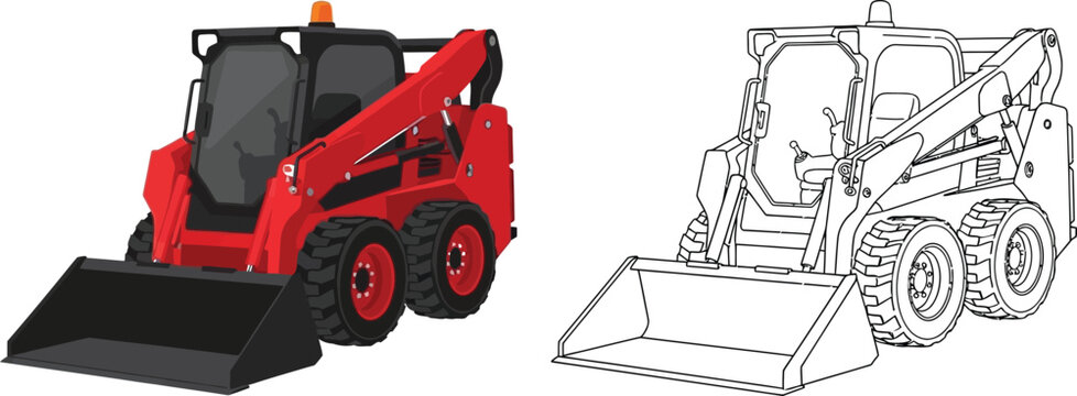 Red skid steer loader with bucket isolated on white background construction vehicle vector illustration