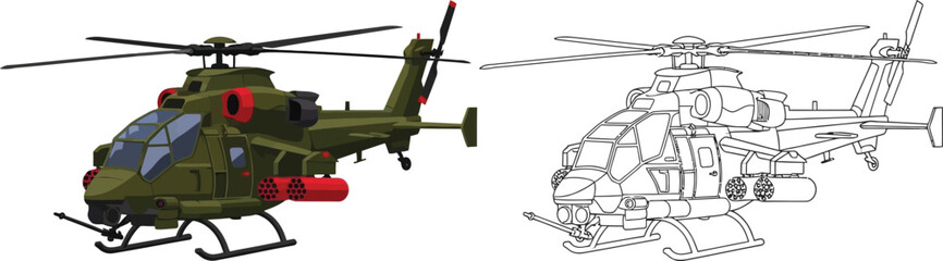 Fototapeta premium Military attack helicopter with missiles realistic 3D render and line art illustration for defense concepts